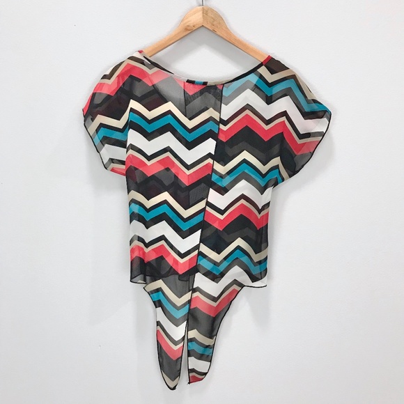 A'gaci Teal Zig Zag Chevron Chiffon Tie Back Top - Picture 10 of 14